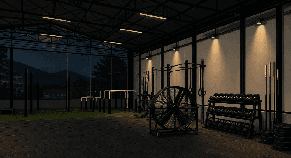 Ranbhoomi box at dusk with the drum fan, dumbbell racks and calisthenics bars